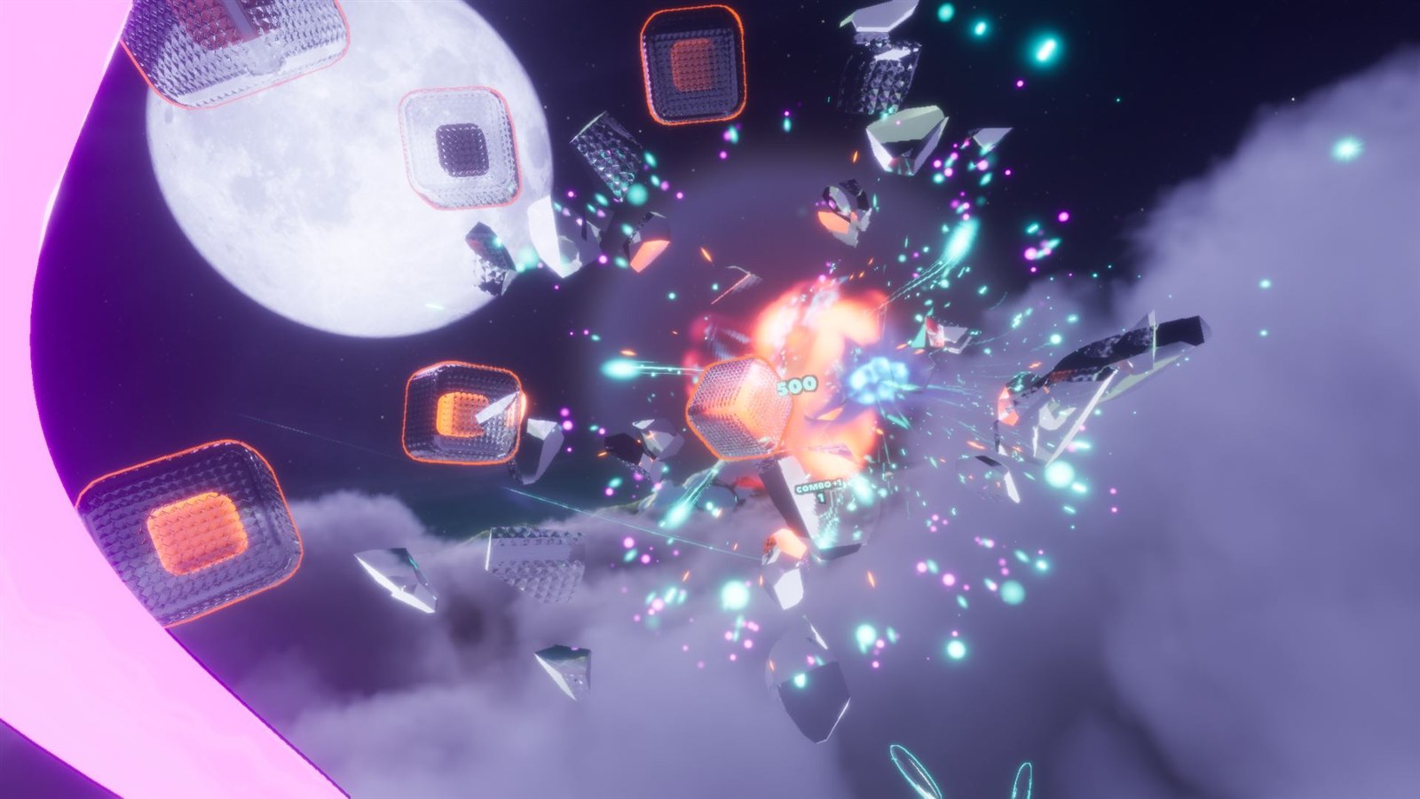 A target shattering into fragments as the score and combo counter register the hit