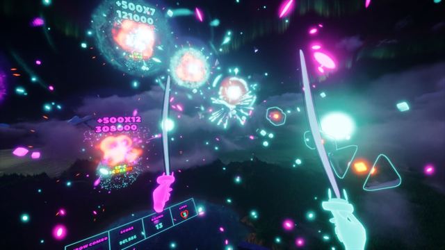 Two boomerangs in hand amid multiple scoring explosions and neon debris