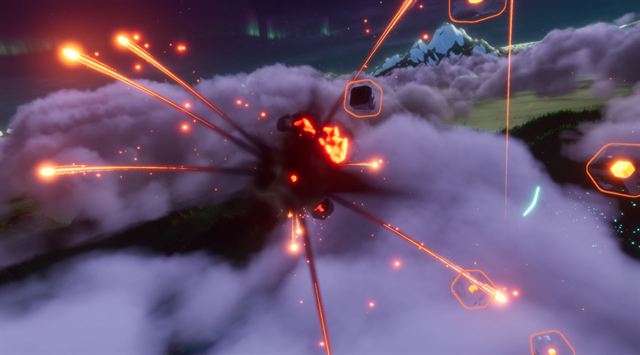 An explosion throwing spark trails outward through cloud, targets drifting nearby