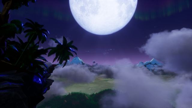A full moon over a cloud sea, palms silhouetted on a cliff in the foreground