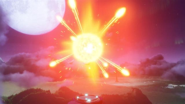 A radial burst of fire and sparks over a cloud layer, a moon behind it