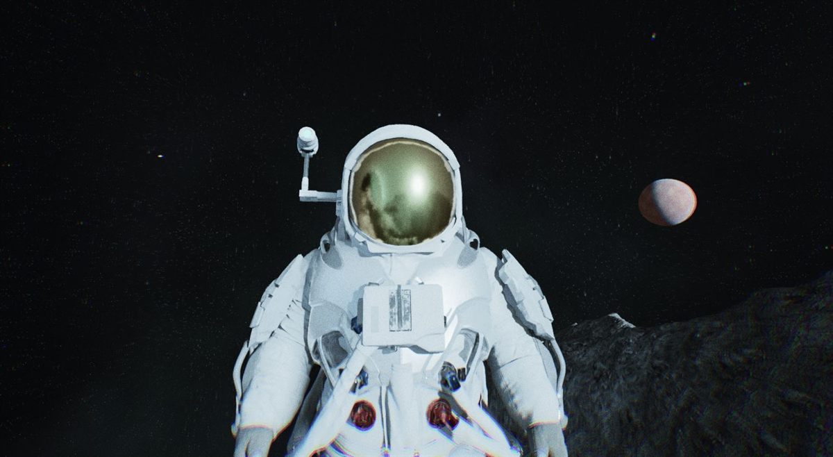 The player character, an astronaut in a spliced-together suit