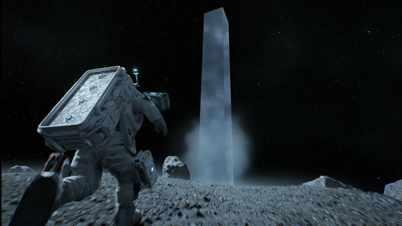 The player approaching a monolith standing on the lunar surface