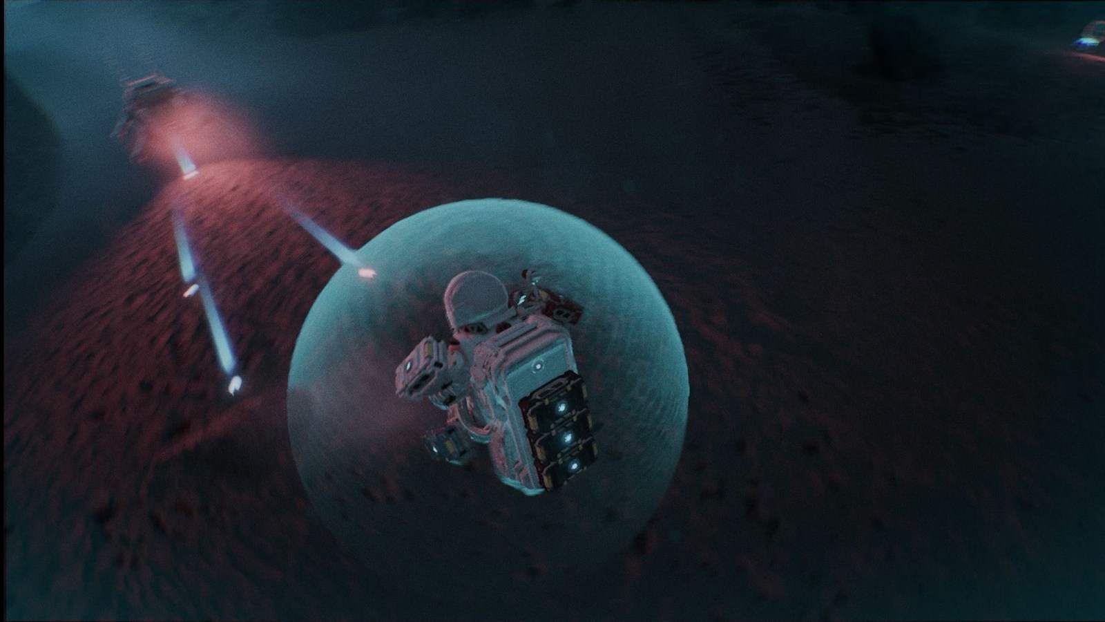 The player inside a bubble shield as incoming fire converges on it