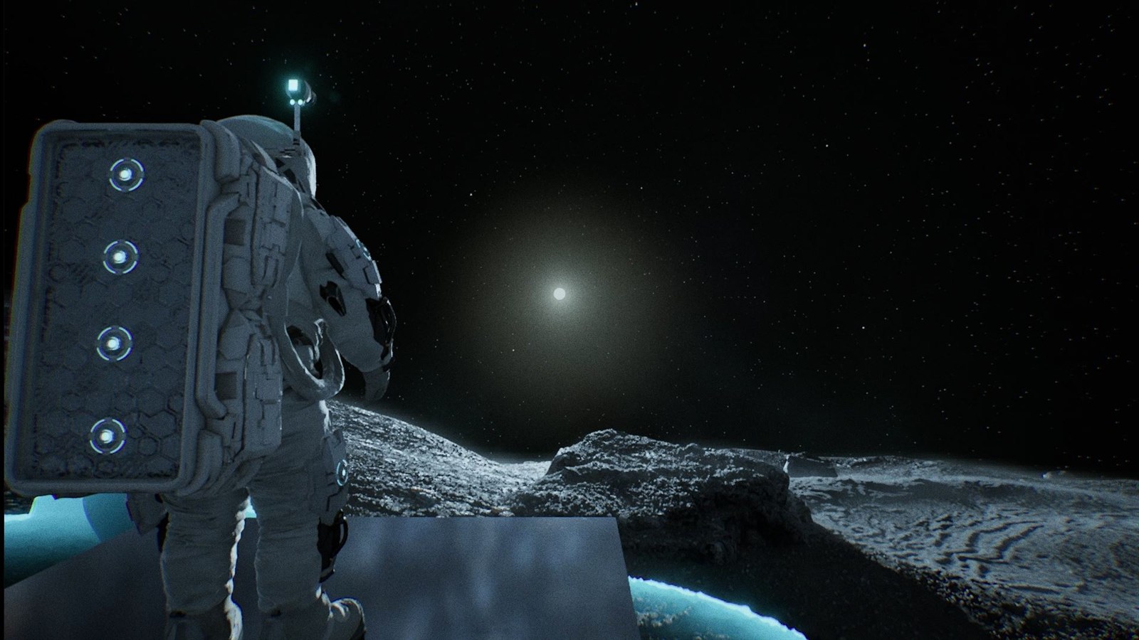 The player standing on a ridge, looking out across the lunar surface towards a distant sun