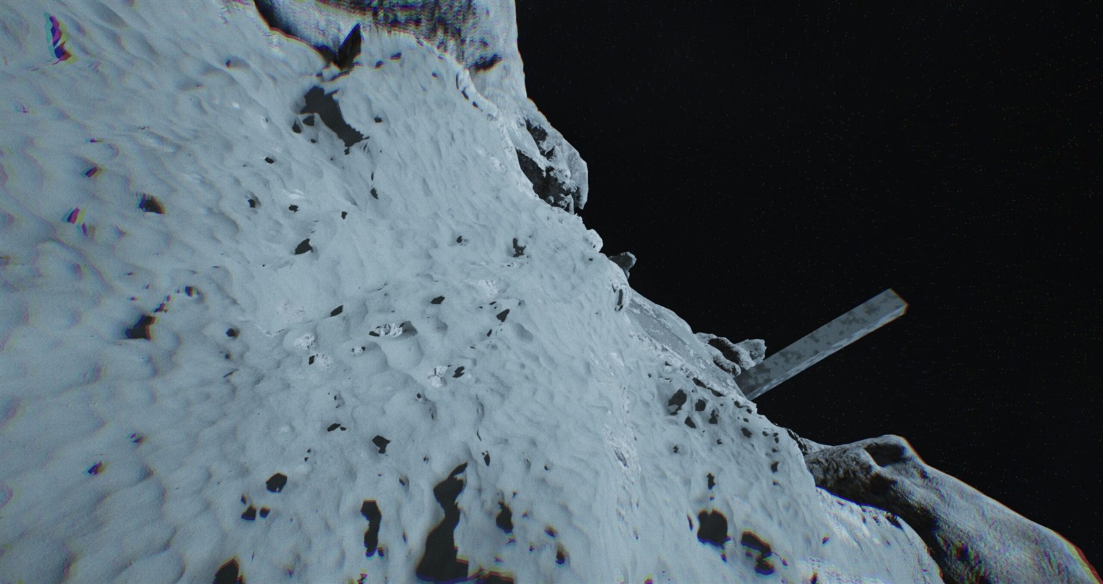 Close view of the lunar surface, with rocks and craters blended into the displaced landscape material