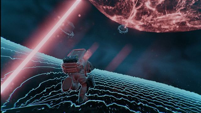 An astronaut runs across scanned contour lines while red beams cut across the sky