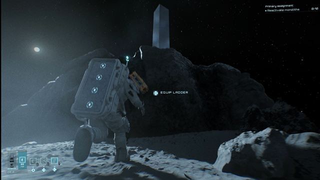 An equip ladder prompt beside a rock face, a monolith on the ridge above