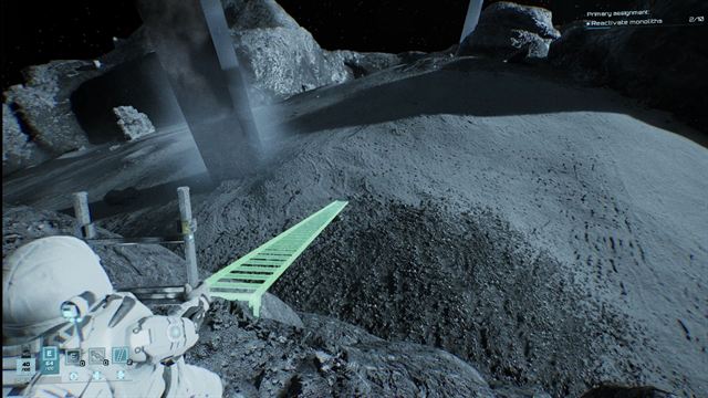 A ladder placement preview shown in green across a crater edge
