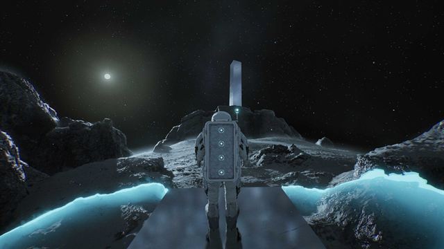 An astronaut walks a lit causeway toward a monolith, glowing cyan chasms either side