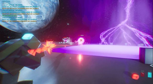 Prototype weapon fire against blocks with the debug hit log visible