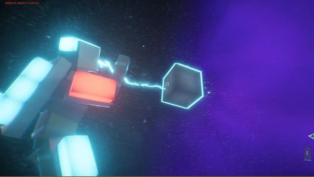 A blocky prototype character tethered by an energy arc to a floating block