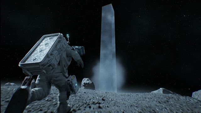 A monolith standing on the lunar surface