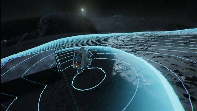 Glowing contour rings sweep across the lunar surface around the player