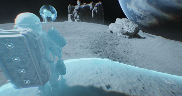 A rock spire and the Earth on the horizon, seen past the player's shoulder