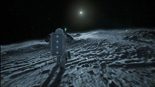 An astronaut crossing a ridge under a distant sun