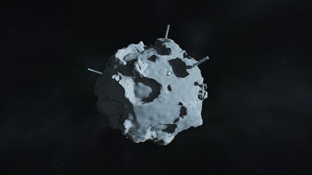 A wide view of the small moon the game is set on